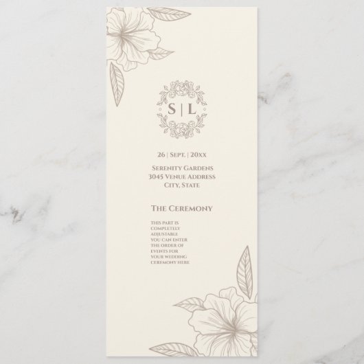 Elegante minimalistische off witte bloemenbruiloft programma (Achterkant)