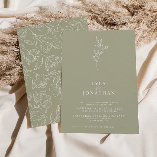 Elegante minimalistische olijfgroene bloemenbruilo kaart