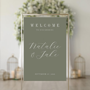 Elegante minimalistische olijfgroene bruiloft welk acryl bord