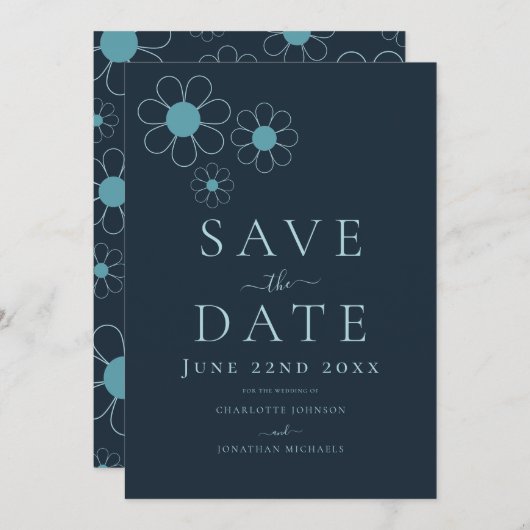 Elegante minimalistische retro Daisy Blue bruiloft Save The Date (Voorkant / Achterkant)