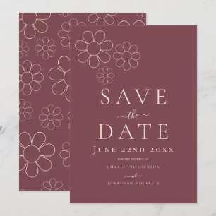 Elegante minimalistische retro Daisy bordeaux brui Save The Date