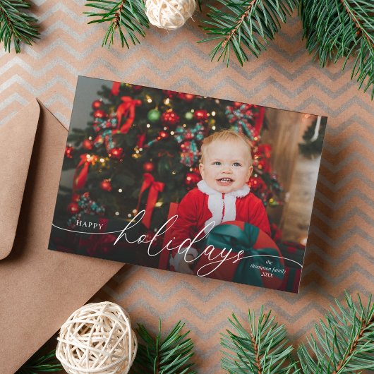 Elegante Minimalistische Rode Script Foto Feestdagenkaart