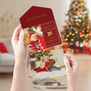 Elegante minimalistische rood/gouden foto all in one uitnodiging