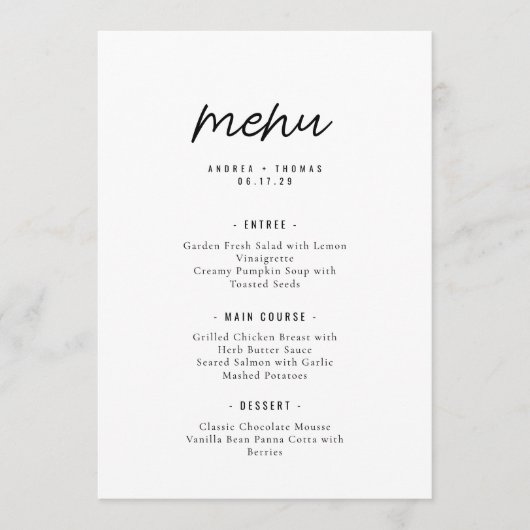 Elegante Minimalistische Scriptie Bruiloft Menu (Voorkant)