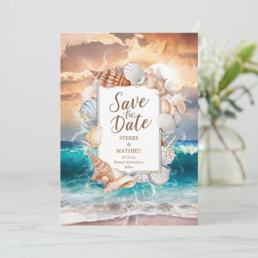 Elegante minimalistische strandbruiloft save the date (Staand voorkant)