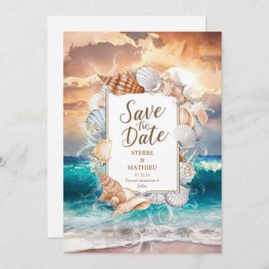 Elegante minimalistische strandbruiloft save the date (Voorkant / Achterkant)