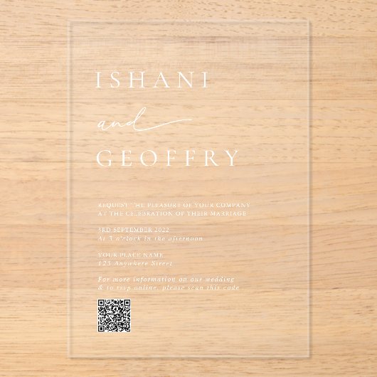 Elegante Minimalistische Transparante Trouw QR-cod Acryl Uitnodigingen (Voorkant)