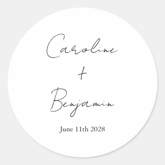 Elegante minimalistische witte script bruiloft Cus Ronde Sticker (Voorkant)