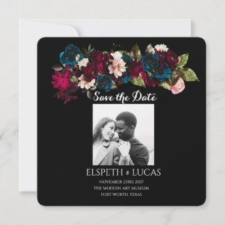 Elegante minimalistische zwart en bloemenbruiloft save the date