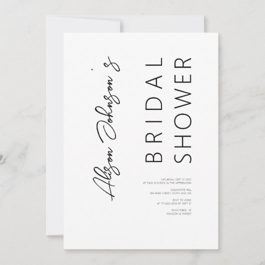 Elegante minimalistische zwarte bruids douche uitn kaart (Voorkant)