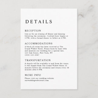 Elegante Minimalistische Zwarte en Witte Trouwdeta Informatiekaartje