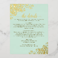 Elegante Mint Green Gold Foil Wedding Details Kaar