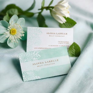Elegante Mint Groen & Wit Bloemen Bladerblad Kant Visitekaartje