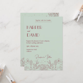Elegante Mint Groene Bloemenlijn Huwelijksuitnodig Kaart