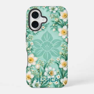 Elegante Mint Narcis Bloemen Custom iPhone 16 Hoesje