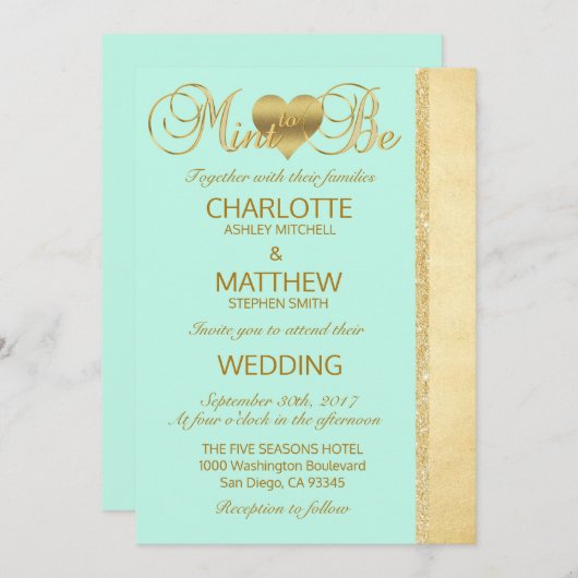 Élégante MINT POUR ÊTRE Gold Modern Faire-part de (Devant / Derrière)