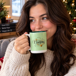 Elegante Mintgroene Kerstmok, Vintage Goudkleurige Tweekleurige Koffiemok