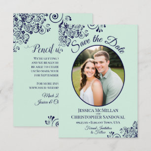 Elegante Mintgroene & Marineblauwe Ovale Foto Brui Save The Date