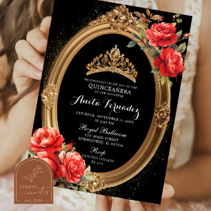 Elegante Miss Quince Black en Red Rose Uitnodiging