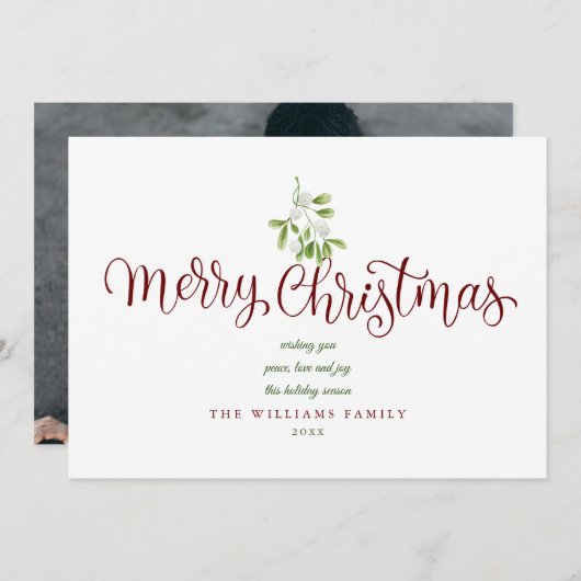 Elegante Mistletoe Script Prettig Kerstmis Foto Feestdagenkaart (Voorkant / Achterkant)