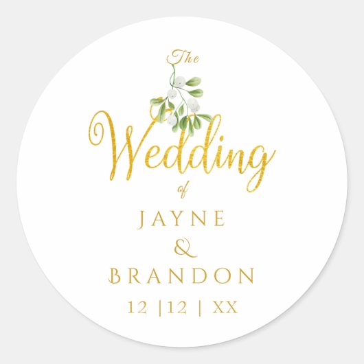 Elegante Mistletoe Winter Bruiloft Goud Script Ronde Sticker (Voorkant)