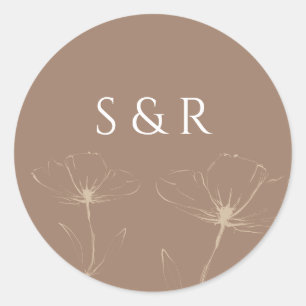 Elegante Mocha Bloem Lijn Kunst Monogram Rond Ronde Sticker