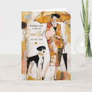 Elegante mode dame met stijlvolle hond kaart