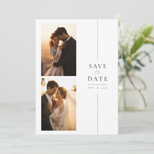 Elegante moderne 4 foto bruiloft Bewaar de datum Kaart (Staand voorkant)