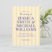 Elegante moderne blauw geel gestreepte bruiloft kaart (Staand voorkant)