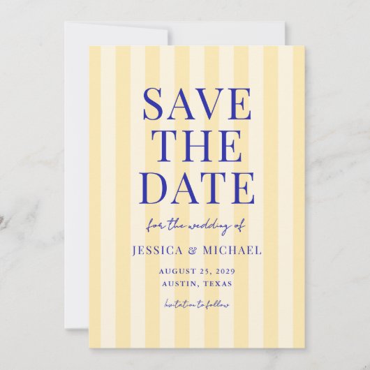 Elegante moderne blauw geel gestreepte bruiloft save the date (Voorkant)