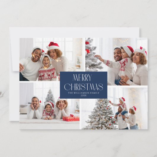 Elegante moderne blauwe fotocollage kerstkaart (Voorkant)
