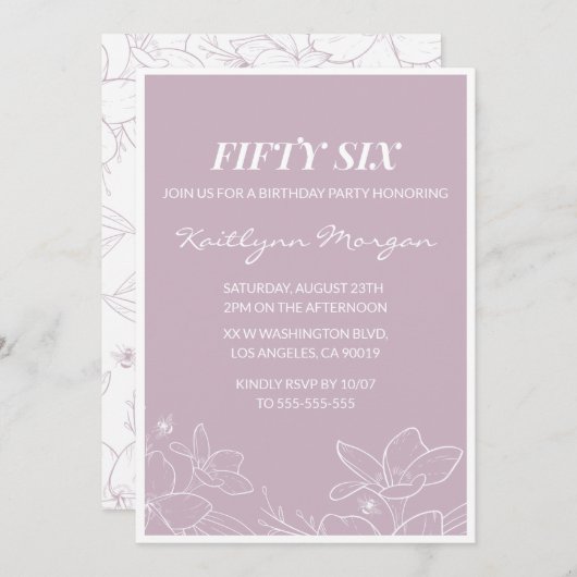 Elegante moderne bloemen 56e verjaardag uitnodigin kaart (Voorkant / Achterkant)