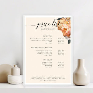 Elegante, moderne, bloemige pioen prijslijst poster