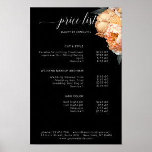 Elegante, moderne, bloemige pioen prijslijst poster