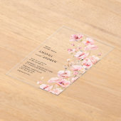 Elegante moderne Blush Roze Bloemen Fotobruiloft Acryl Uitnodigingen (Laagn)