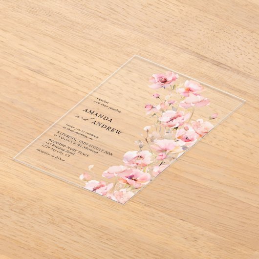 Elegante moderne Blush Roze Bloemen Fotobruiloft Acryl Uitnodigingen (Laagn)