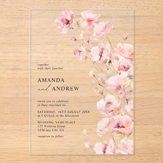 Elegante moderne Blush Roze Bloemen Fotobruiloft Acryl Uitnodigingen (Voorkant)