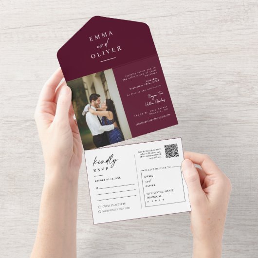 Elegante Moderne Boho QR Code Foto RSVP Bourgondië All In One Uitnodiging (Afscheurbaar)