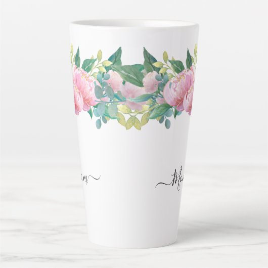 Elegante moderne botanische groene roze bloem latte mok (Voorkant)