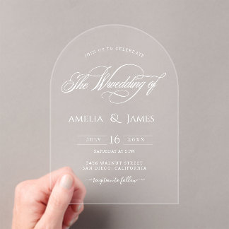 Elegante moderne bruiloft transparant script ontwe acryl uitnodigingen