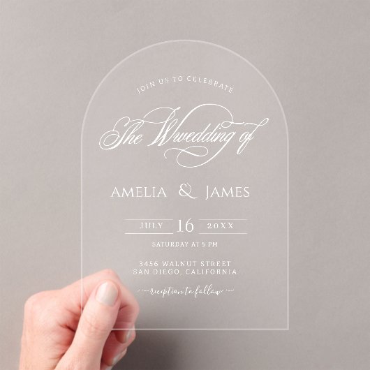 Elegante moderne bruiloft transparant script ontwe acryl uitnodigingen (Insitu (Draagbaar))
