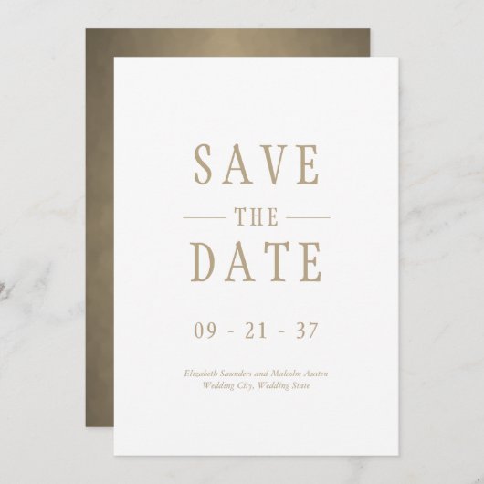 Elegante moderne bruiloft wit goud save the date (Voorkant / Achterkant)