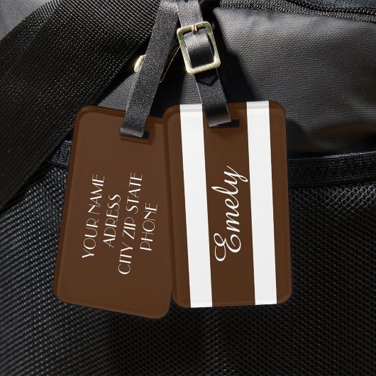 Elegante moderne bruine witte strepen patroonnaam bagagelabel