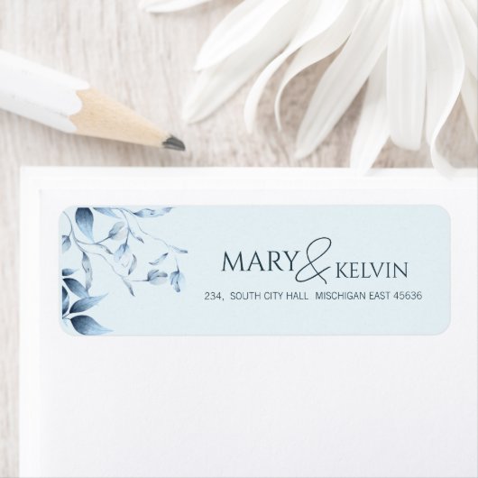 Elegante moderne chique blauwe bruiloft retour adr etiket (Insitu)