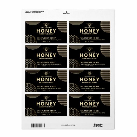 Elegante moderne cirkels gouden honingbij honing etiket (Full Sheet)