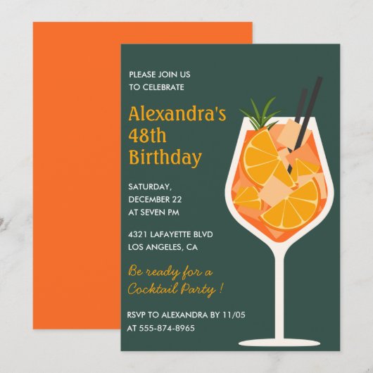 Elegante moderne cocktail 48e verjaardagsuitnodigi kaart (Voorkant / Achterkant)