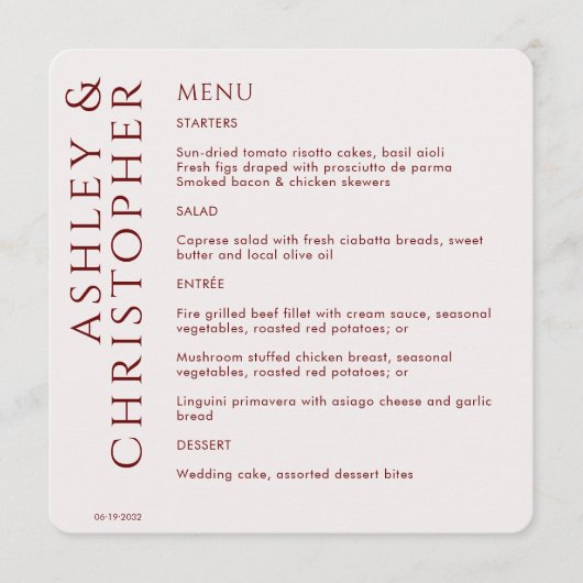 Elegante moderne Crimson rode bruiloft Menu (Voorkant)