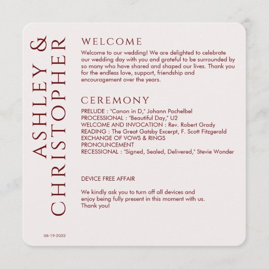 Elegante moderne Crimson rode bruiloft Programma (Voorkant)