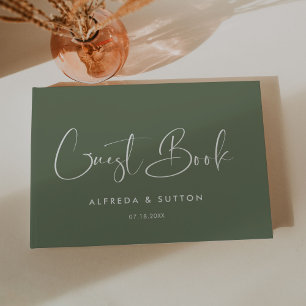 Elegante & moderne Dark sage groene bruiloft Gastenboek