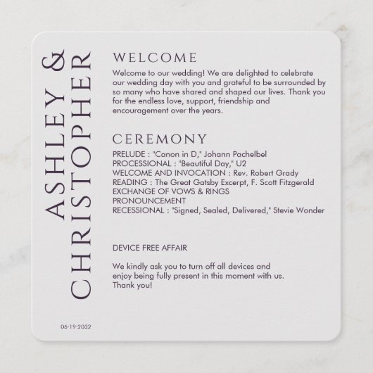 Elegante moderne donkere Paarse bruiloft Programma (Voorkant)